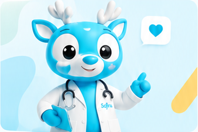Sofira mascot dressed as a doctor with a stethoscope